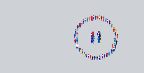 businesspeople crowd gathering in pause button icon shape different business people group standing together social media community concept horizontal