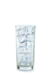 Glass of ice cube on white background.