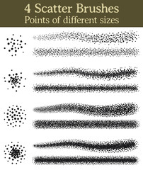 4 Scatter brushes, points of different sizes. Four brushes for Illustrator, made with messy and irregular points. 