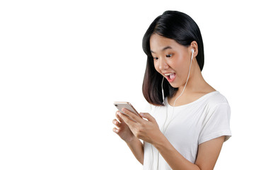 Fototapeta premium 20s an Asian young woman enjoying the movie in mobile phone white white background