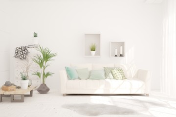 Stylish room in white color with sofa. Scandinavian interior design. 3D illustration