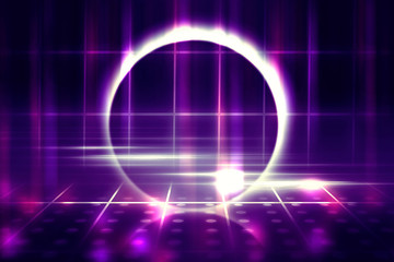 Empty background scene. Ultraviolet light, bokeh, blurred rays. Rays of neon light in the dark, neon figures, smoke. Background of empty stage show. Abstract dark background.