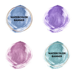 Circle brush stroke watercolor texture with gold polygonal frames. Blue, mint, pink and purple geometric shape with watercolor washes. Trendy templates for banner, flyer, wedding invitation