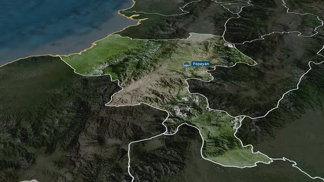Cauca - department of Colombia with its capital zoomed on the satellite map of the globe. Animation 3D