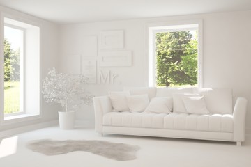 Mock up of stylish room in white color with sofa and green landscape in window. Scandinavian interior design. 3D illustration