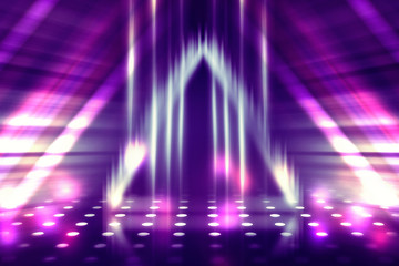 Empty background scene. Ultraviolet light, bokeh, blurred rays. Rays of neon light in the dark, neon figures, smoke. Background of empty stage show. Abstract dark background.