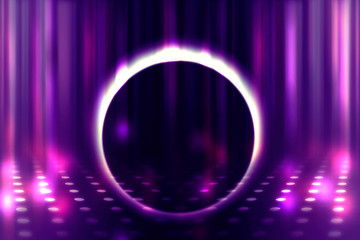 Empty background scene. Ultraviolet light, bokeh, blurred rays. Rays of neon light in the dark, neon figures, smoke. Background of empty stage show. Abstract dark background.