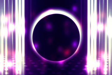 Empty background scene. Ultraviolet light, bokeh, blurred rays. Rays of neon light in the dark, neon figures, smoke. Background of empty stage show. Abstract dark background.