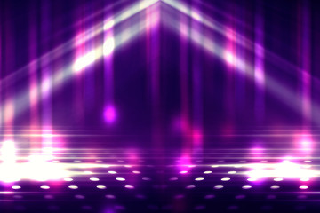 Empty background scene. Ultraviolet light, bokeh, blurred rays. Rays of neon light in the dark, neon figures, smoke. Background of empty stage show. Abstract dark background.