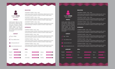 CV Curriculum Vitae Resume Cover Pink Clear Dark Header Footer