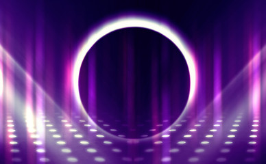 Empty background scene. Ultraviolet light, bokeh, blurred rays. Rays of neon light in the dark, neon figures, smoke. Background of empty stage show. Abstract dark background.