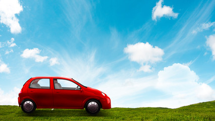 Red toy car. Mixed media