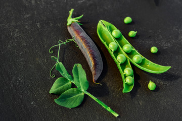 Close up of fresh ripe green peas on black background