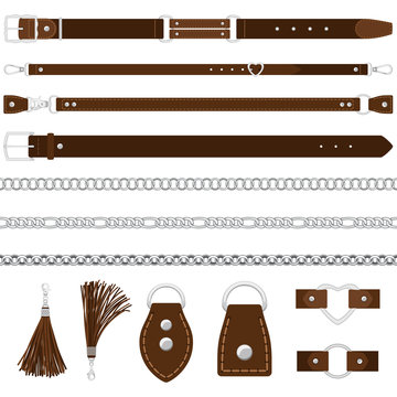 Vector leather belts, silver chains, colars isolated on white background