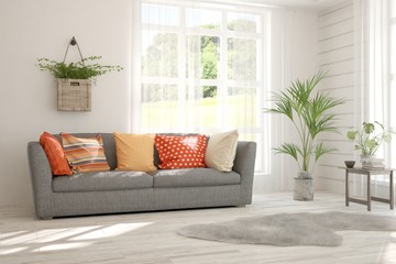 Stylish room in white color with sofa. Scandinavian interior design. 3D illustration