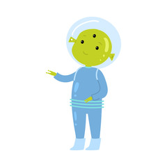 Cute green alien in blue spacesuit show to his home planet