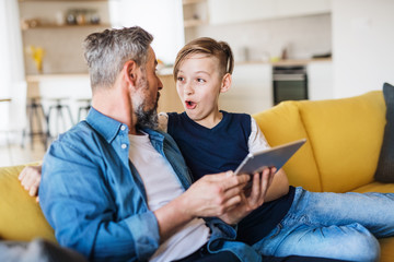Mature father with small son sitting on sofa indoors, using tablet.