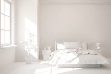 Modern bedroom in white color. Scandinavian interior design. 3D illustration