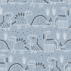 Modèle sans couture de bébé avec des dinosaures et des plantes tropicales. Idéal pour le tissu, textile Vector Illustration. Style scandinave.