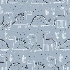 Fototapeten Baby nahtlose Muster mit Dinosauriern und tropischen Pflanzen. Ideal für Stoff, Textil-Vektor-Illustration. Skandinavischer Stil. © bukhavets