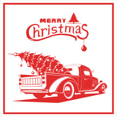 Christmas truck, red color, vector image, old card style