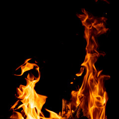 strong fire flames on black isolated background