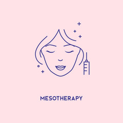 Face mesotherapy line icon. Hyaluronic acid facial injection, vector banner design template. Female rejuvenating mesotherapy.