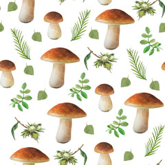 Seamless floral pattern on white background. Autumn collection. Watercolor hand drawn mushrooms and different leaves and nuts. 