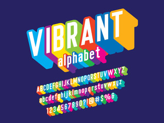 Colorful stylized alphabet design with uppercase, lowercase, numbers and symbols