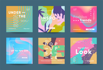 Trendy square banners for social media promotion with creative typography. Different styles deisgn: tropic, geometric, bauhaus and fluid. Eps10 vector.