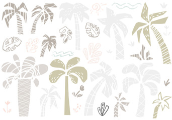 Fototapeta na wymiar Palm silhouette trees set. Tropical tree in simple scandinavian style.