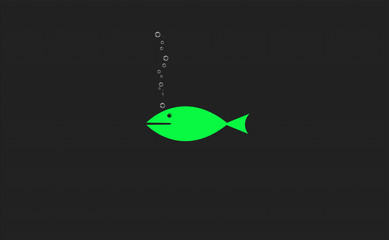 Green fish shape with muzzle, eye and rising white bubbles on dark gray textured background.