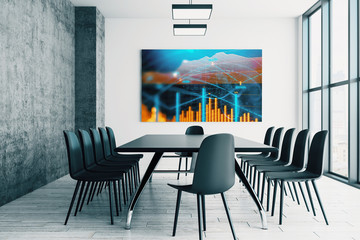 Conference room interior with financial chart on screen monitor on the wall. Stock market analysis concept. 3d rendering.