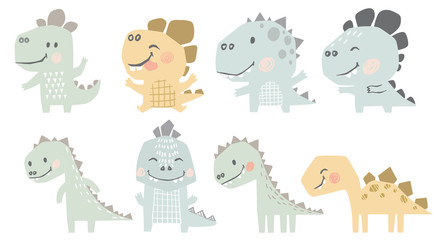 Dinosaur baby cute print set. Sweet dino summer holiday. Cool illustration for nursery, playroom, t-shirt, kids apparel, baby party invitation, birsday card, newborn pajamas.