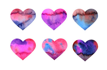 set of colorful hearts in watercolor