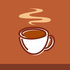 Vector illustration of a cup of coffee on brown background. Emblem for Logotype or decoration of cafe and restaurants menu and other graphic elements.
