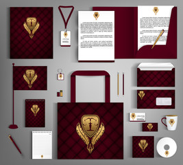 Red trendy corporate identity template design with gold Notary symbol.