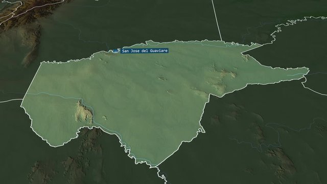 Guaviare - commissiary of Colombia with its capital zoomed on the physical map of the globe. Animation 3D