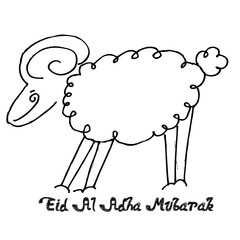 Eid Al Adha greeting card template with hand drawn sheep isolated on white background