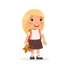 School girl, happy pupil flat vector illustration. Girl holding autumn leaves and berries isolated cartoon character. Elementary school student with backpack. Cheerful young lady. Back to school