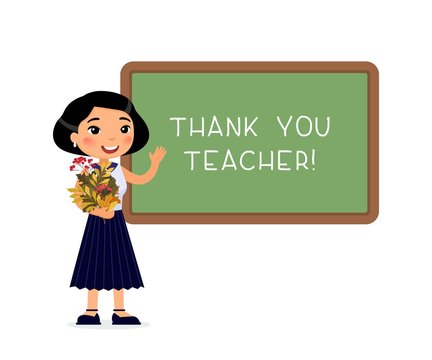 Asian female teacher standing near blackboard flat vector illustration. Smiling tutor pointing at blank chalkboard in classroom cartoon character. Educational process. School lesson