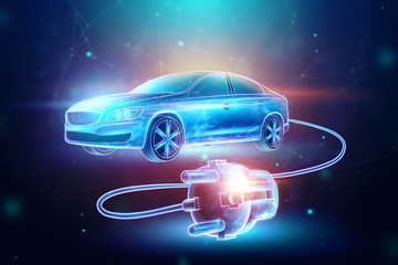 Fototapeta na wymiar Creative background, Electric car with charging wire, hologram. The concept of electromobility e-motion, charging for the car, modern technology. 3D Render, 3D illustration