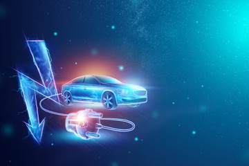 Obraz na płótnie Canvas Creative background, Electric car with charging wire, hologram, electricity sign. The concept of electromobility e-motion, charging for the car, modern technology. 3D Render, 3D illustration