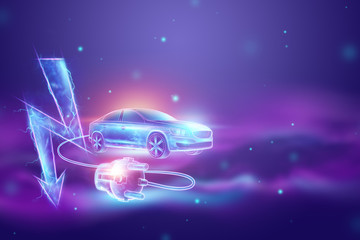 Fototapeta na wymiar Creative background, Electric car with charging wire, hologram, electricity sign. The concept of electromobility e-motion, charging for the car, modern technology. 3D Render, 3D illustration