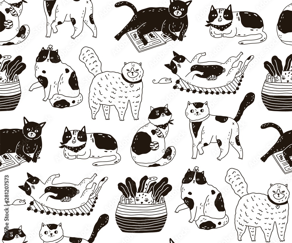 Poster monochrome seamless pattern with cats sleeping, washing, playing, stretching itself. backdrop with c