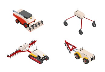 Agriculture automation smart farming trucks, autonomous driverless tractor, harvester and robot. Collection with isolated images.