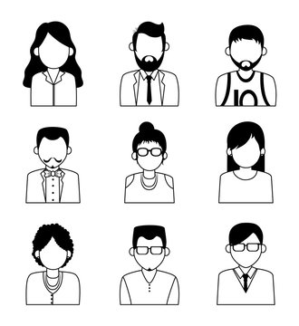 Set of people faceless characters icons in black and white