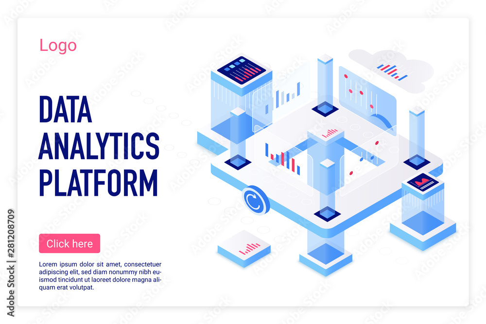 Fototapete Data analytics platform vector isometric landing page template. Statistics visualization, business analysis website homepage 3D concept. Virtual data analyzing system web banner layout