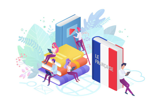 people learning french with books, isometric style clip art preview