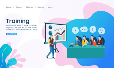 The concept of business training. Corporate training. Seminar for employees. Analysis of statistics. Briefing. Vector illustration in flat style.